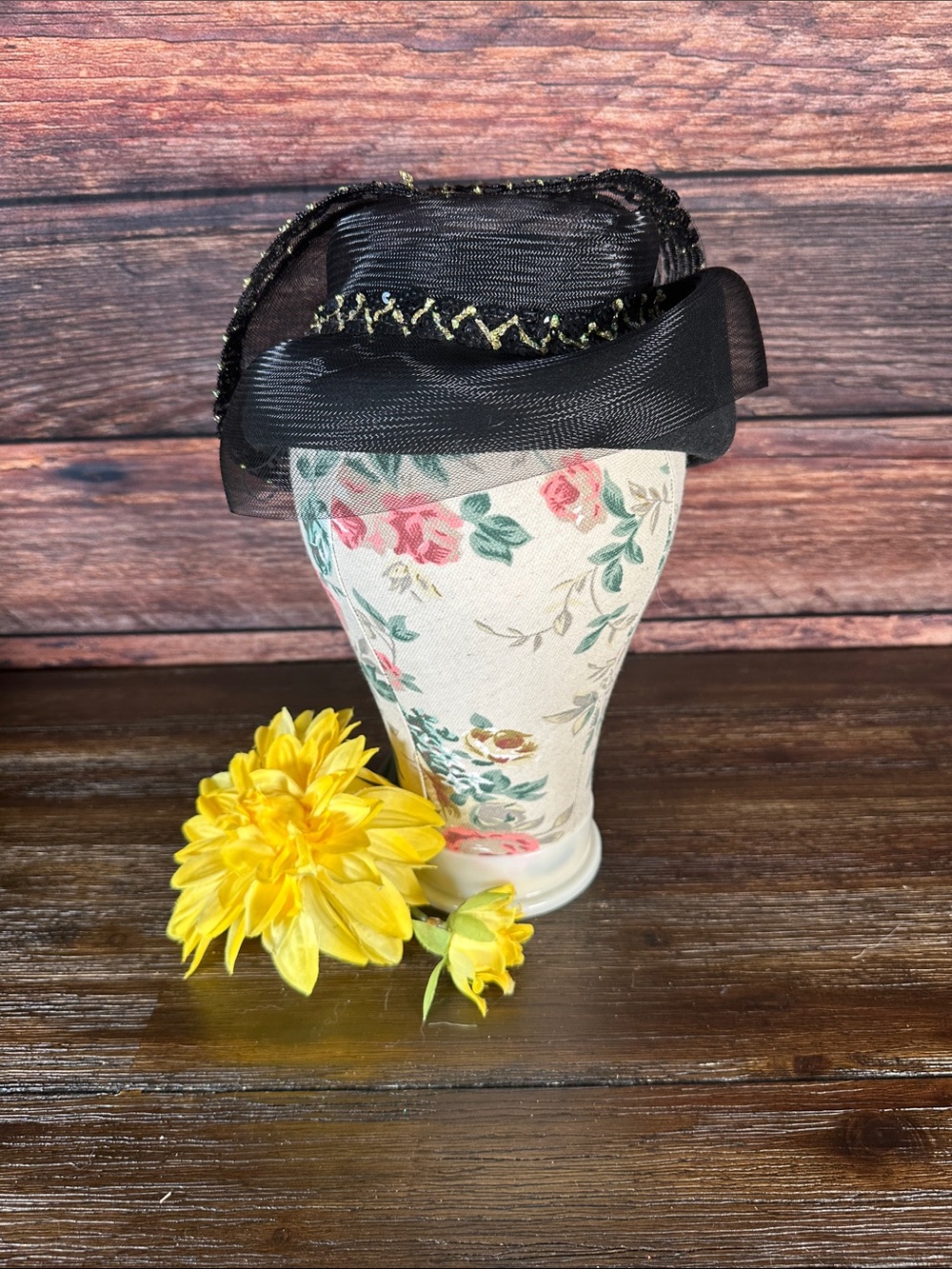 Jody G for Sylvia of St. Louis Vintage Black Cocktail Hat with Gold Trim